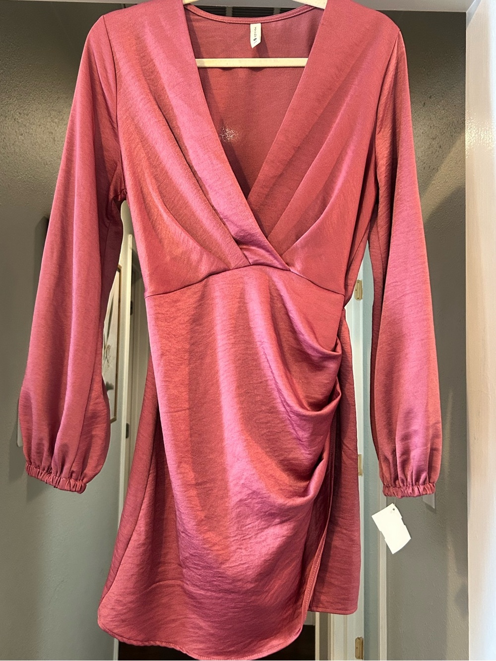 Tyche Dusty Rose Satin Wrap Long Sleeve Dress